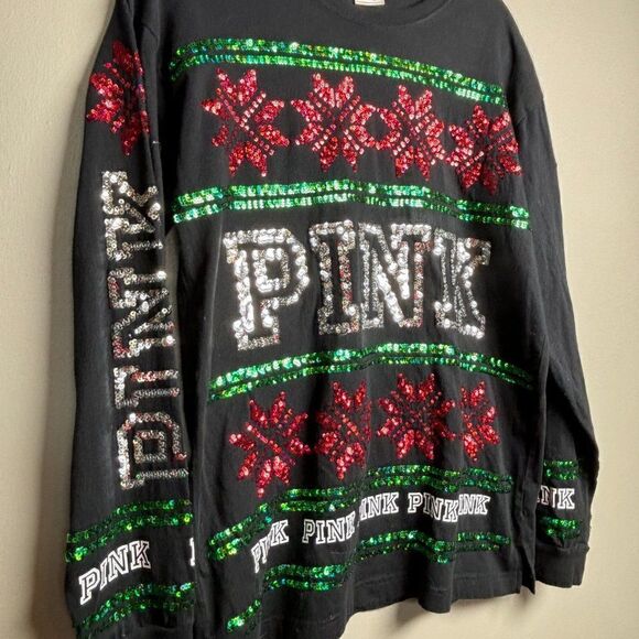 🎄 Victoria's Secret‎ PINK Sequin Bling Holiday Christmas Long Sleeve Tee Size S - Picture 7 of 10